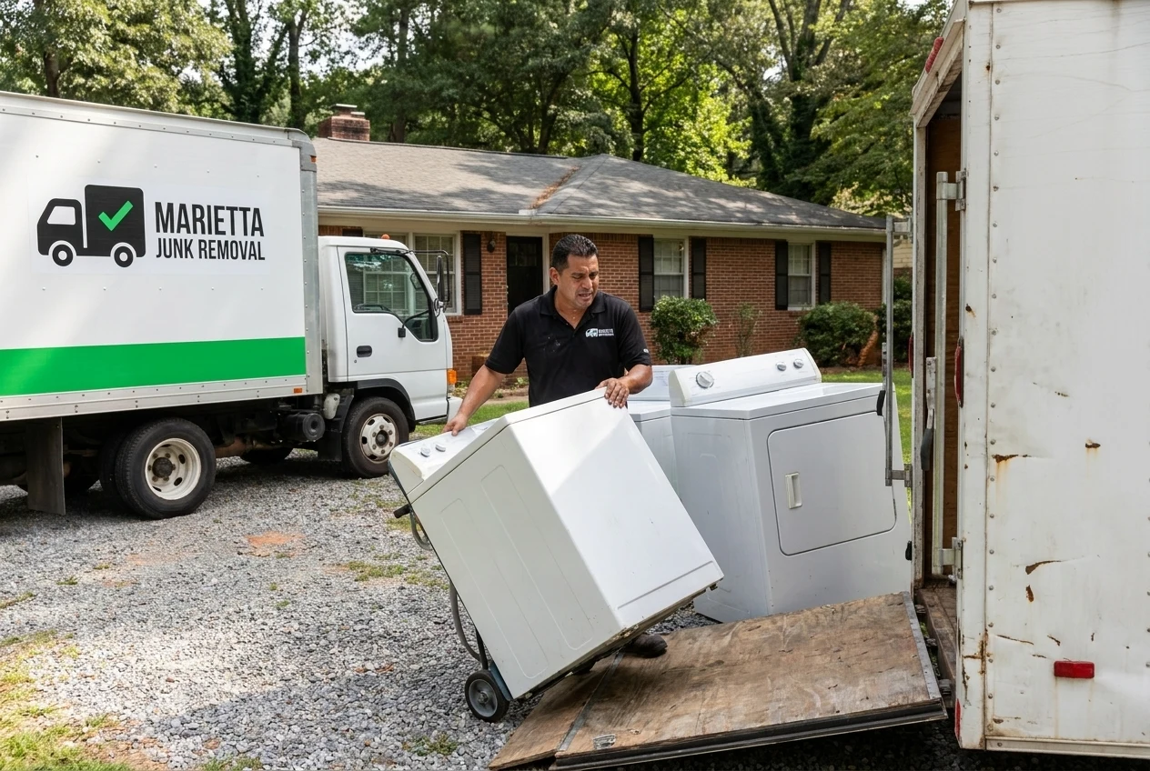 Refrigerator being hauled out for recycling in Kennesaw