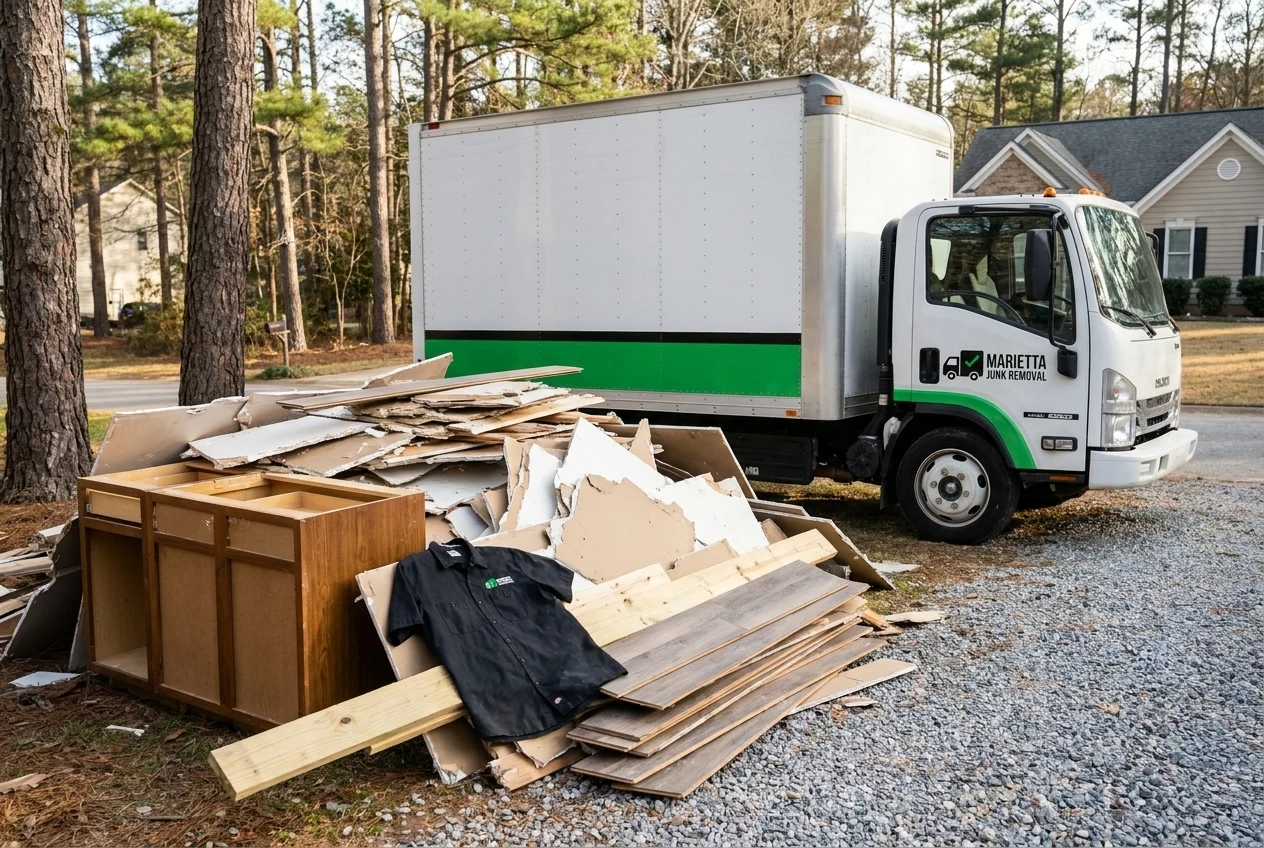 Construction debris being loaded into a trailer on a Powder Springs remodel job