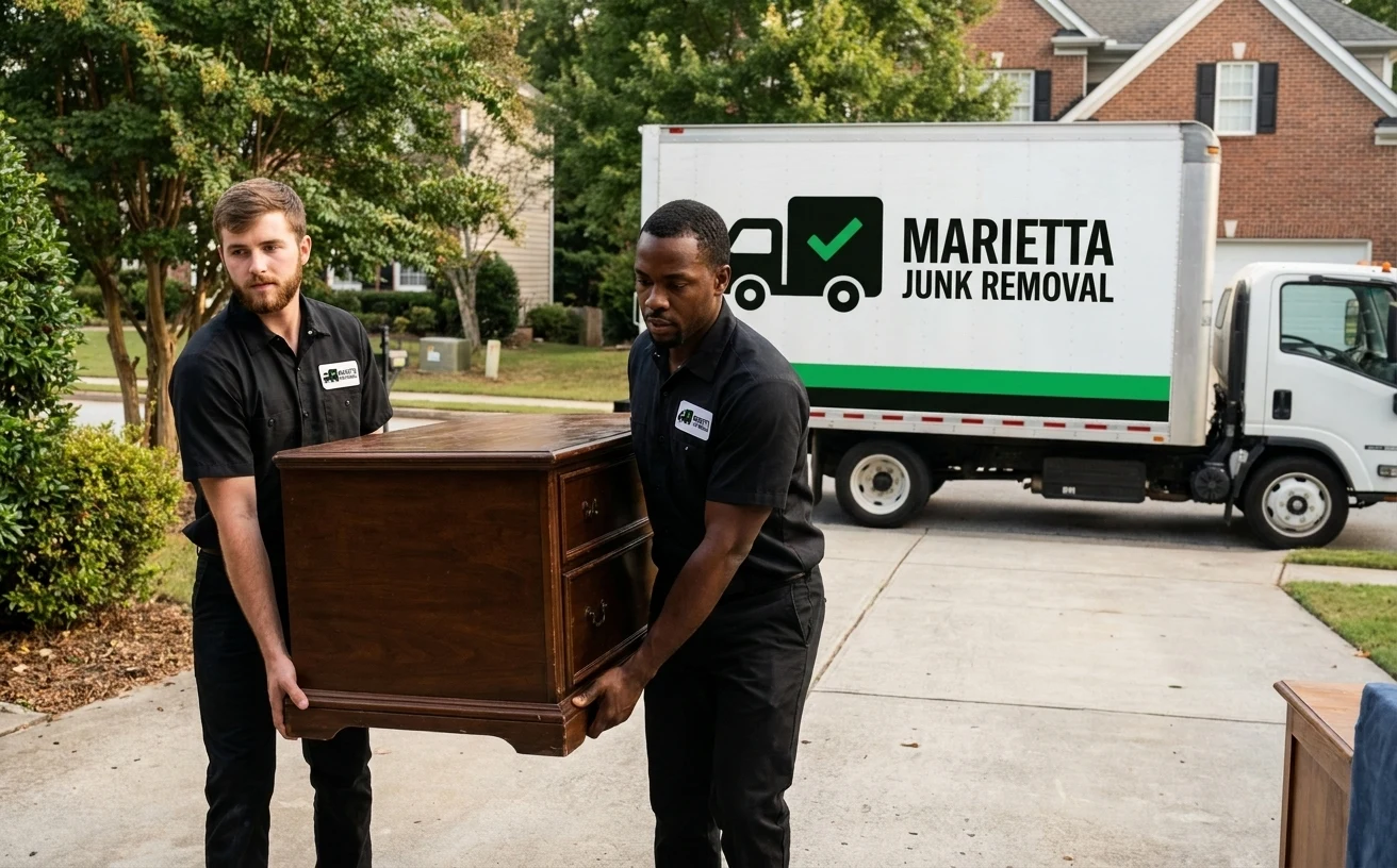 Two-man crew hauling a dresser and mattress out to the truck in Marietta