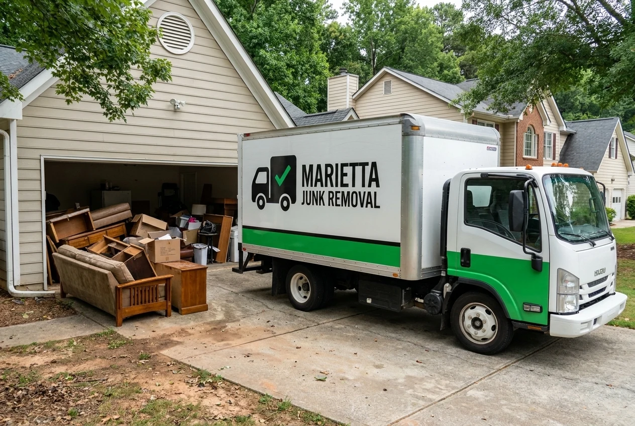 Marietta Junk Removal branded truck parked in a Cobb County neighborhood at golden hour