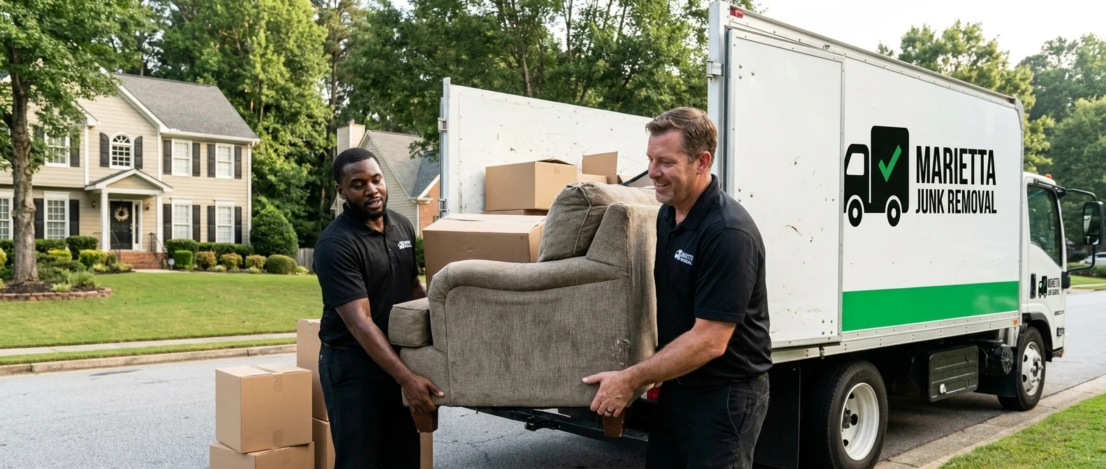 Marietta Junk Removal crew loading a branded truck with furniture