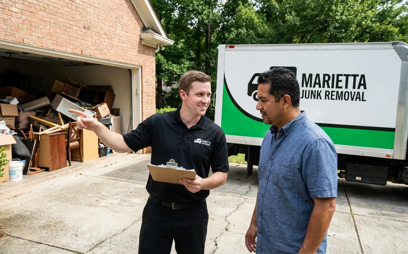 Marietta Junk Removal crew member reviewing a job with a homeowner using a clipboard