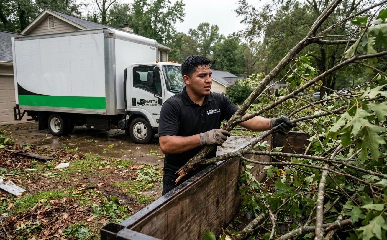 Storm-downed limbs and yard debris piled for pickup in Acworth